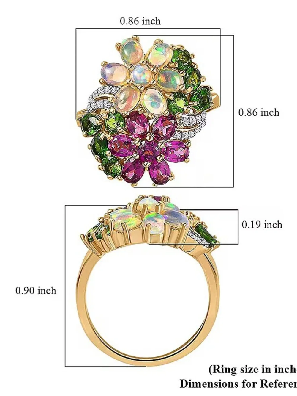 Beautiful Welo Opal, Rhodolite Garnet, Chrome Diopside Floral Ring